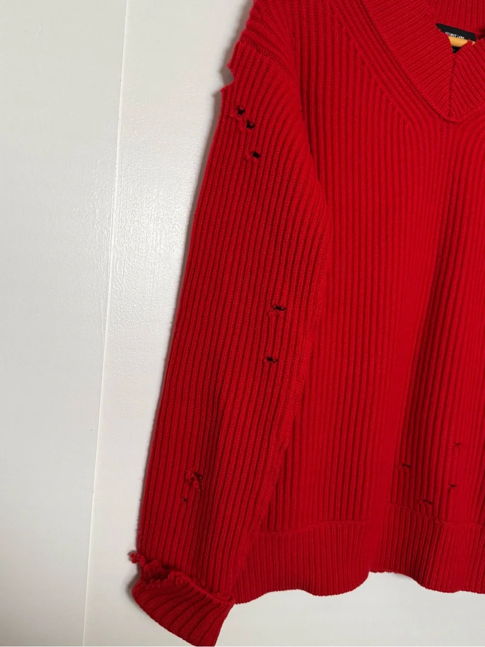 Helmut Lang Sweater Womens Sz S Red Ribbed Distressed V Neck Oversized 100% Wool